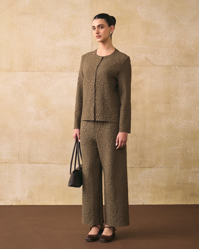 Brown Textured Jacket and Wide-Leg Pants Co-ord Set