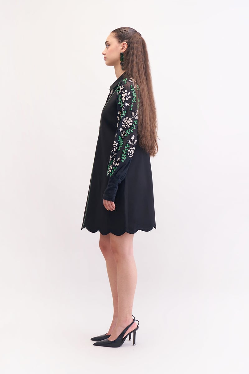 Black Lace Sleeve Mini Shirt Dress