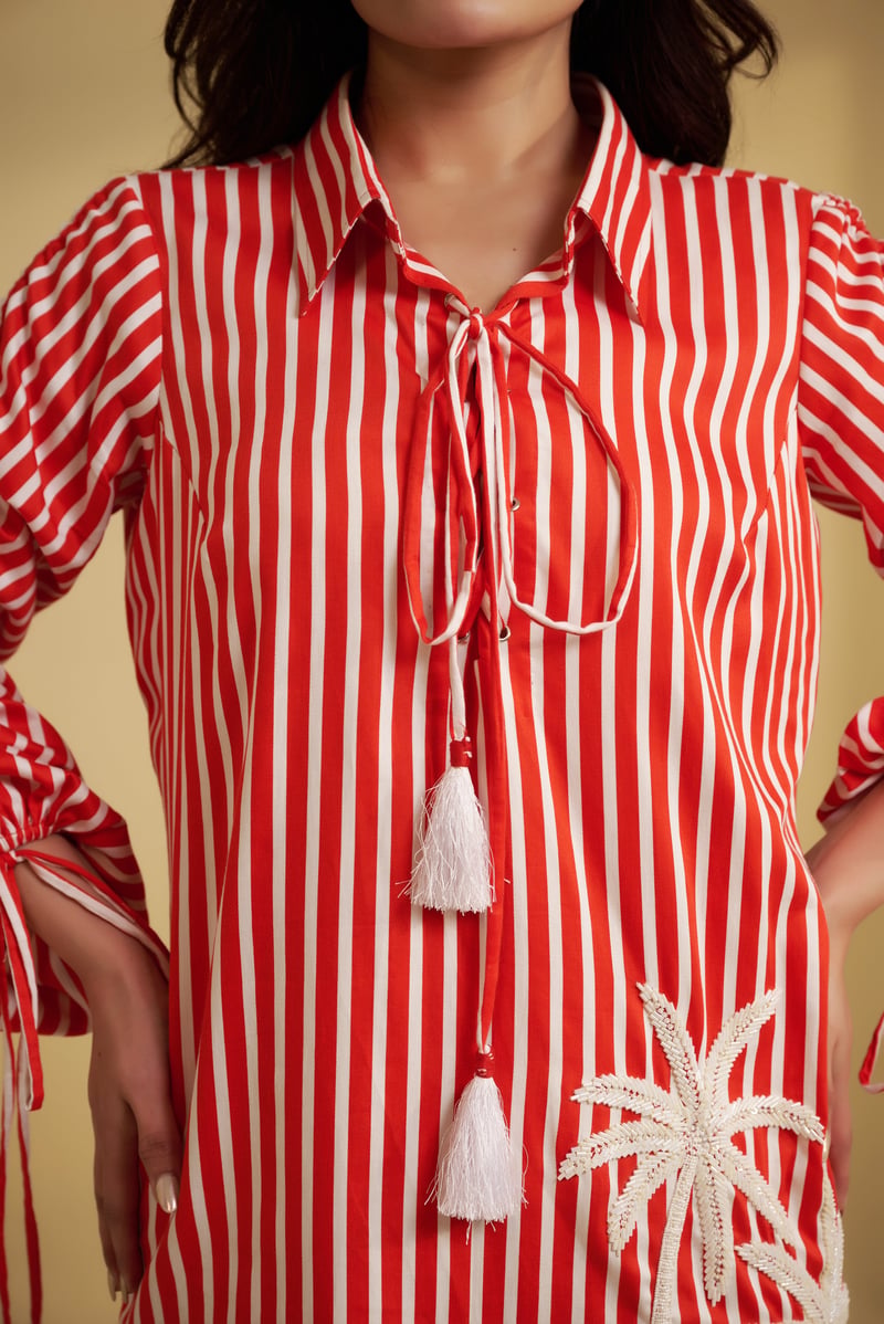 Red and White Striped Mini Shirt Dress with Palm Motif