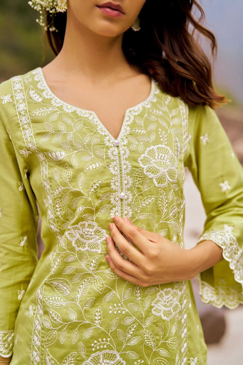 Green Cotton Embroidered Straight Kurta Set With Dupatta