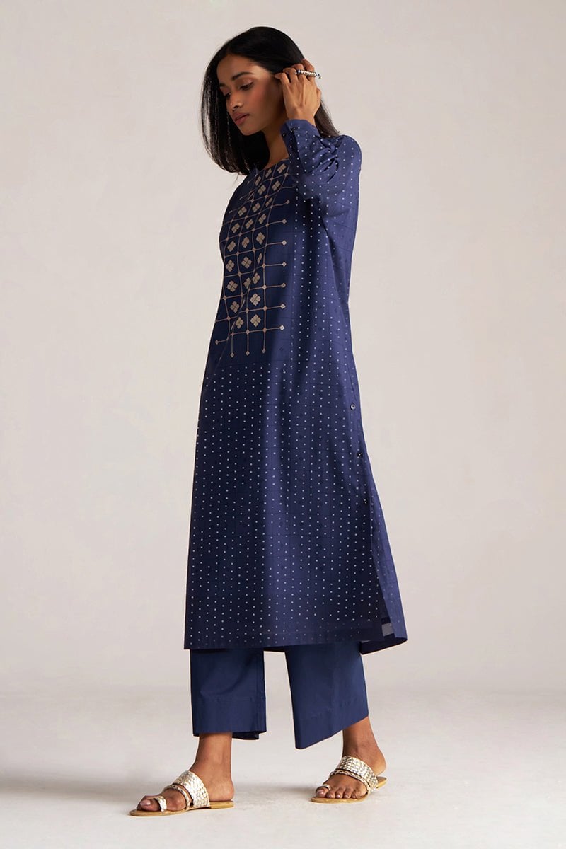 Blue and Off White Printed Kurta Co-ord Set with Pants
