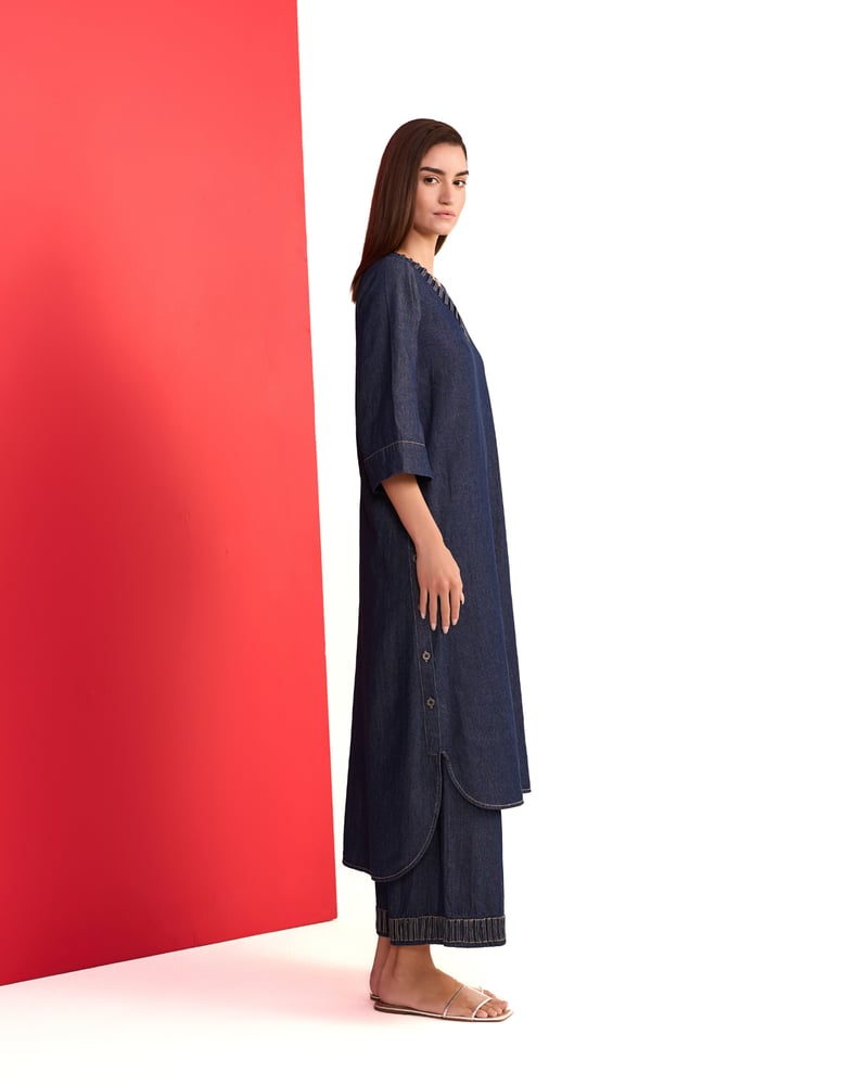 Denim Blue V-Neck Straight Kurta and Pant Set