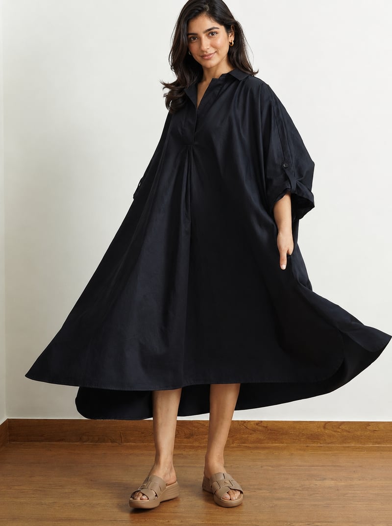 Navy Cotton Poplin Oversized A-Line Midi Dress