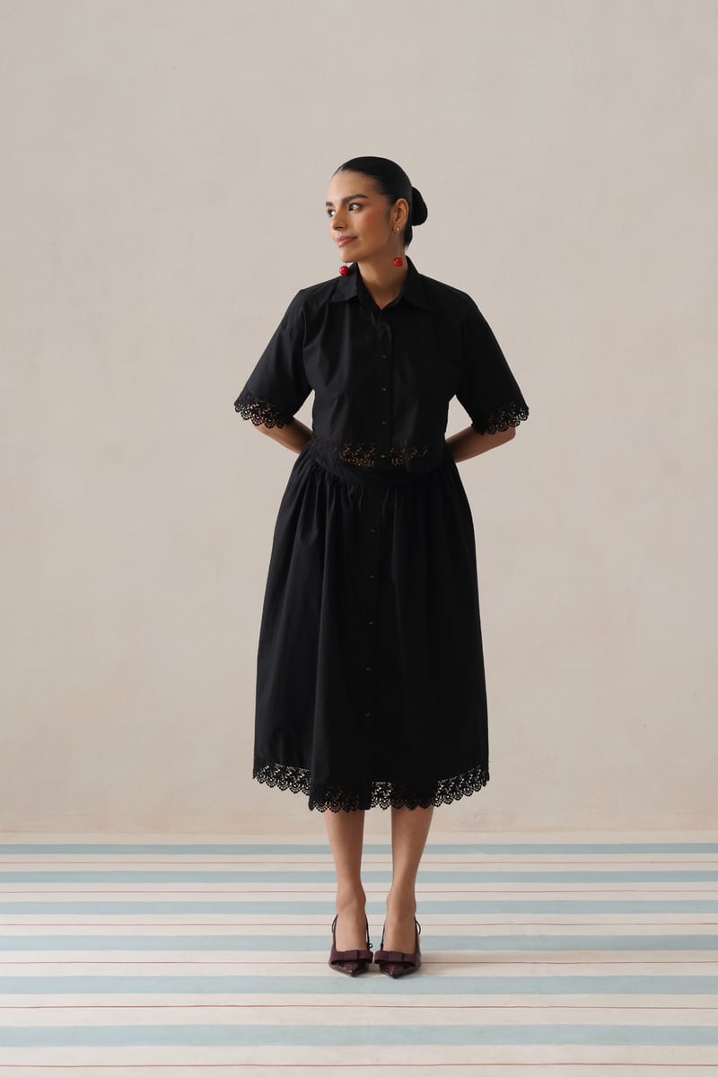 Black Cotton Co-ord Set with Cropped Shirt and Midi Skirt