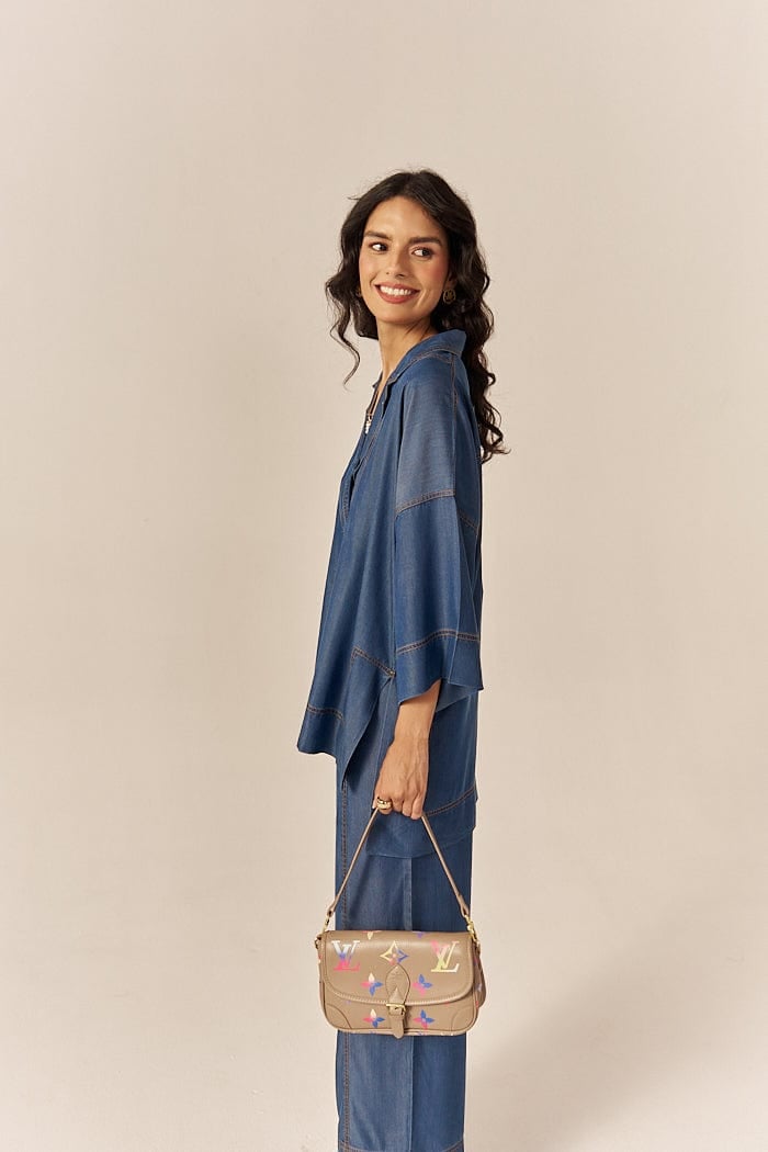 Blue Lapel Shirt and Flared Pants Co-ord Set