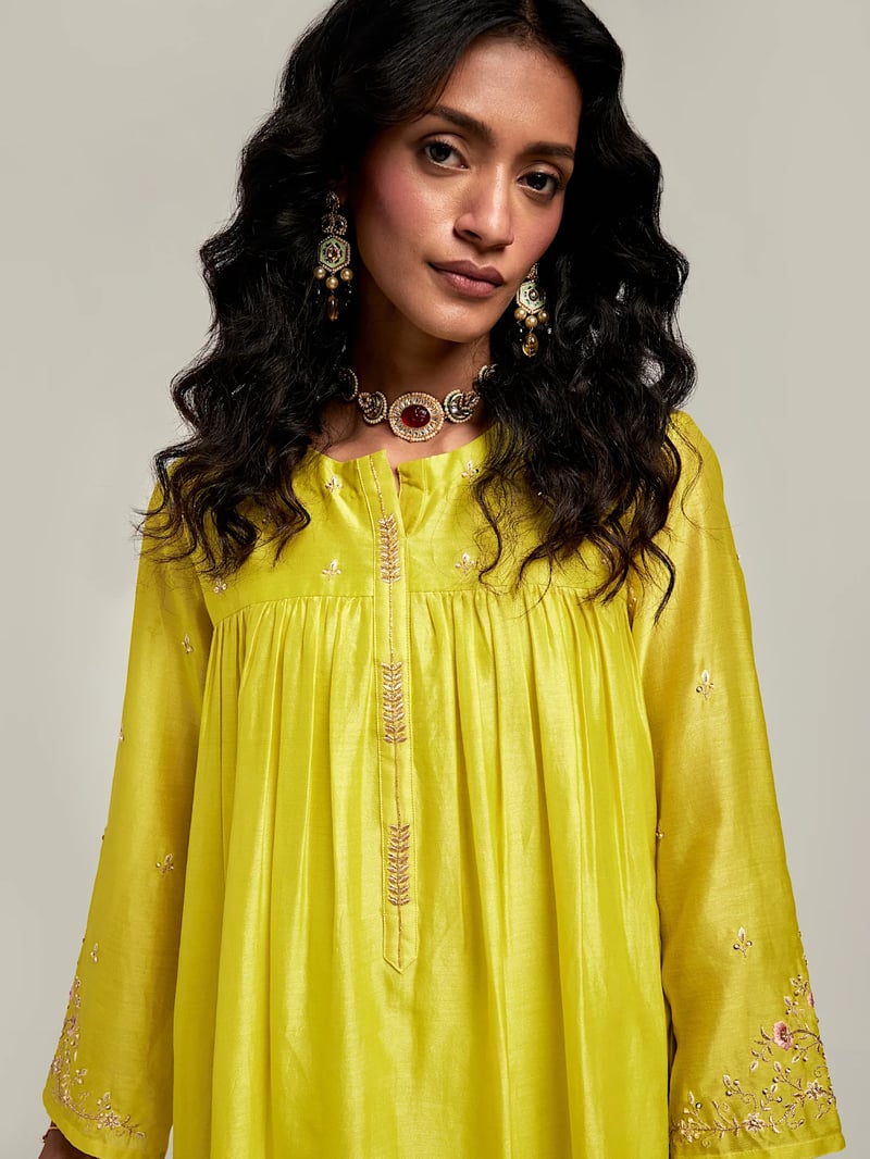 Lime Silk Chanderi Embroidered Yoke Short Kurta