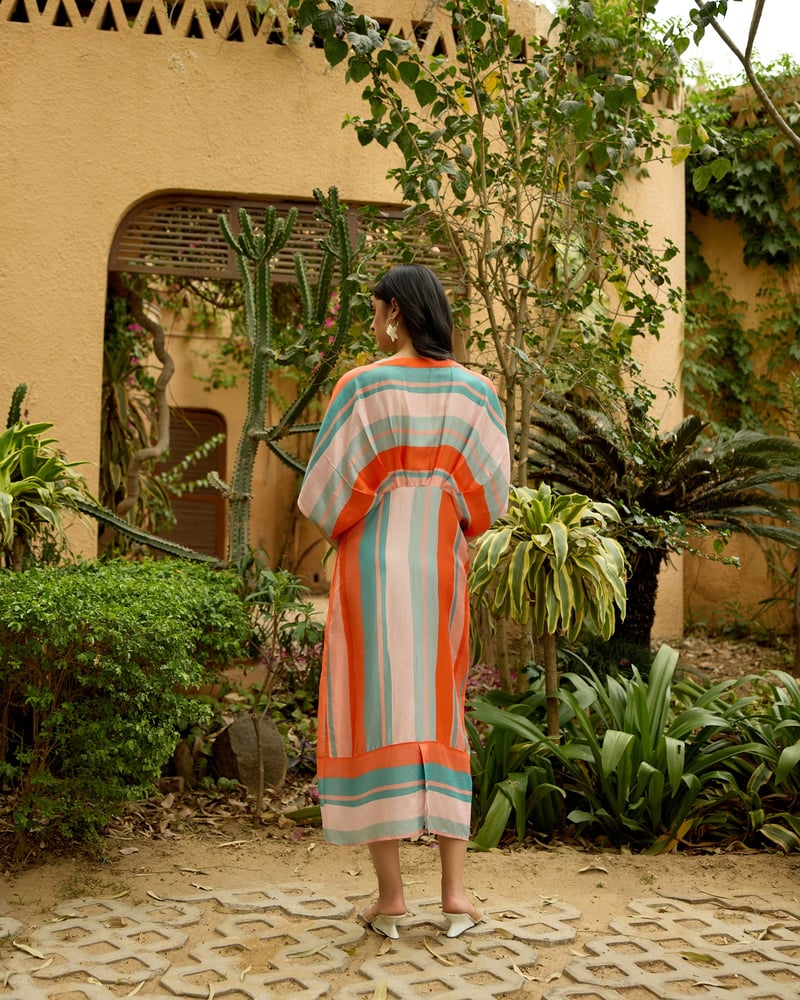 Orange Striped Colorblock Kaftan Midi Dress