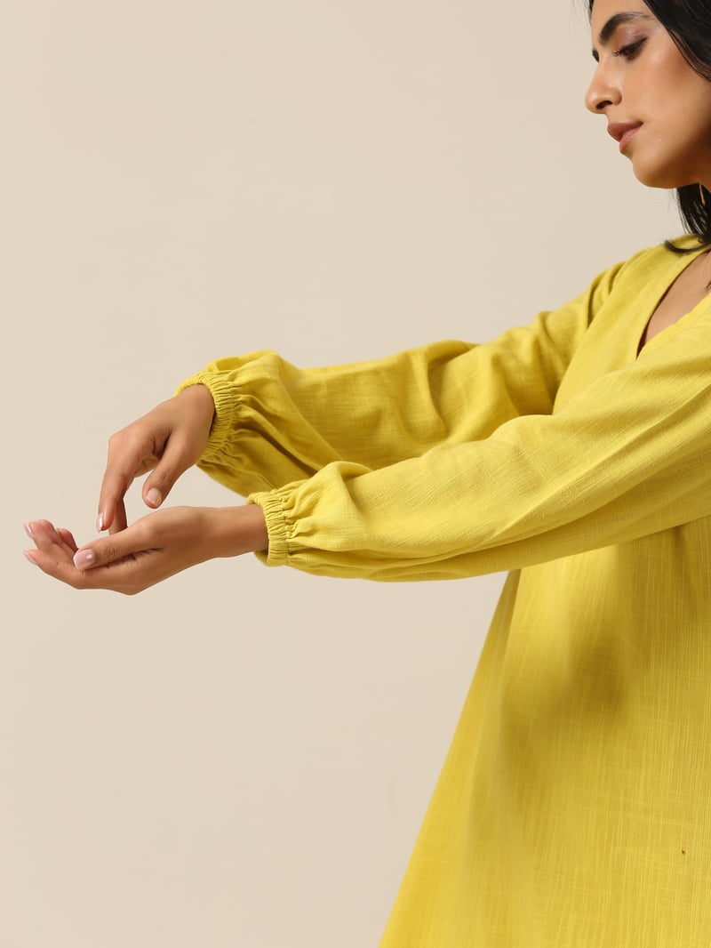 Lime Green Slub Textured Co-ord Set with V-Neck Top
