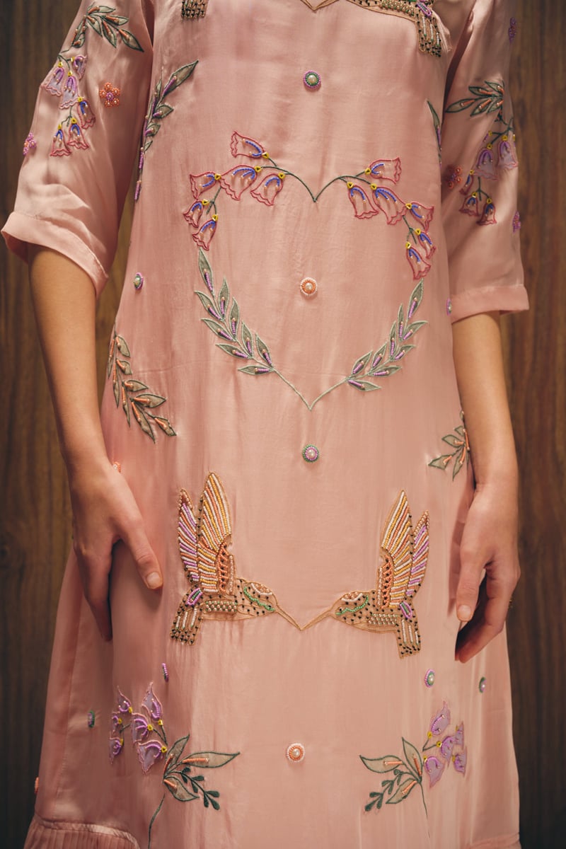 Pastel Pink Satin Organza Embroidered A-Line Maxi Dress