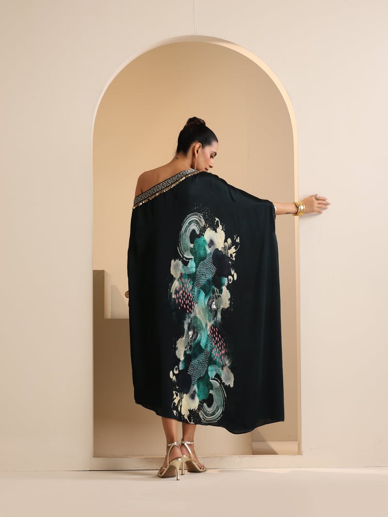 Green Abstract Print One-Shoulder Modal Satin Kaftan