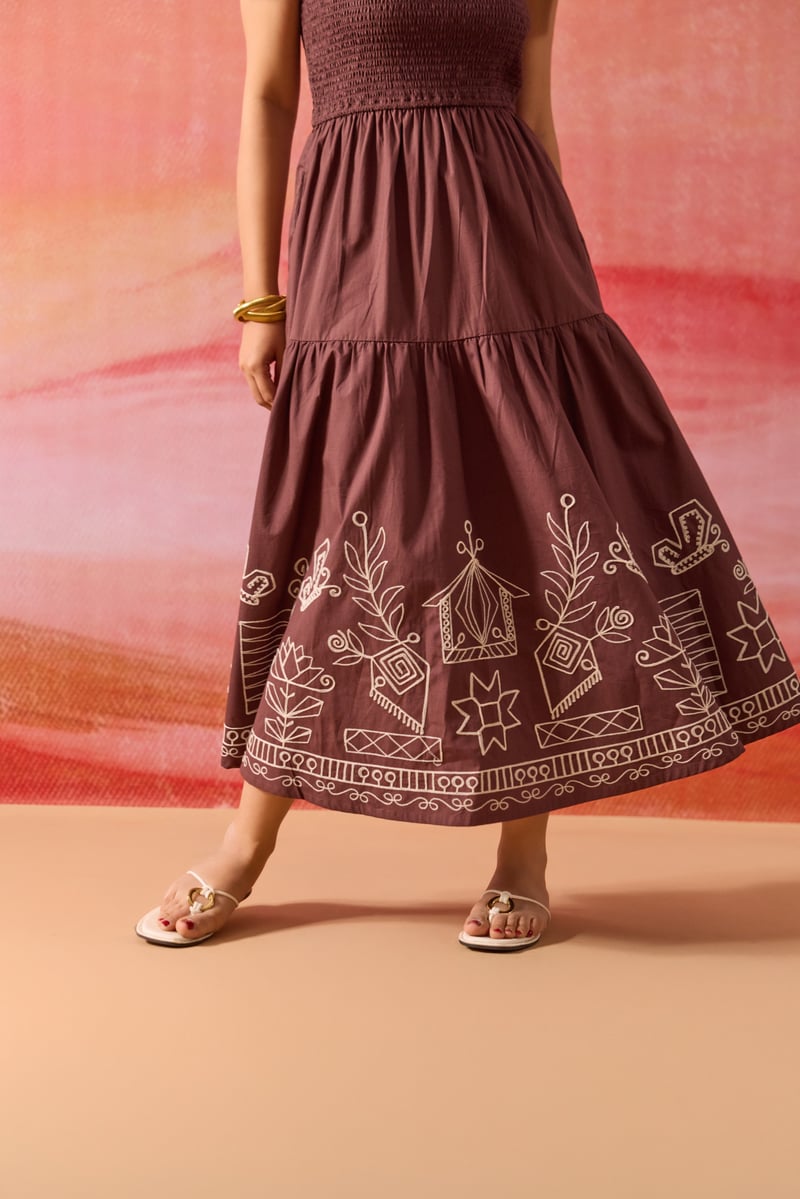 Brown Smocked Tiered Midi Dress with Embroidered Hem