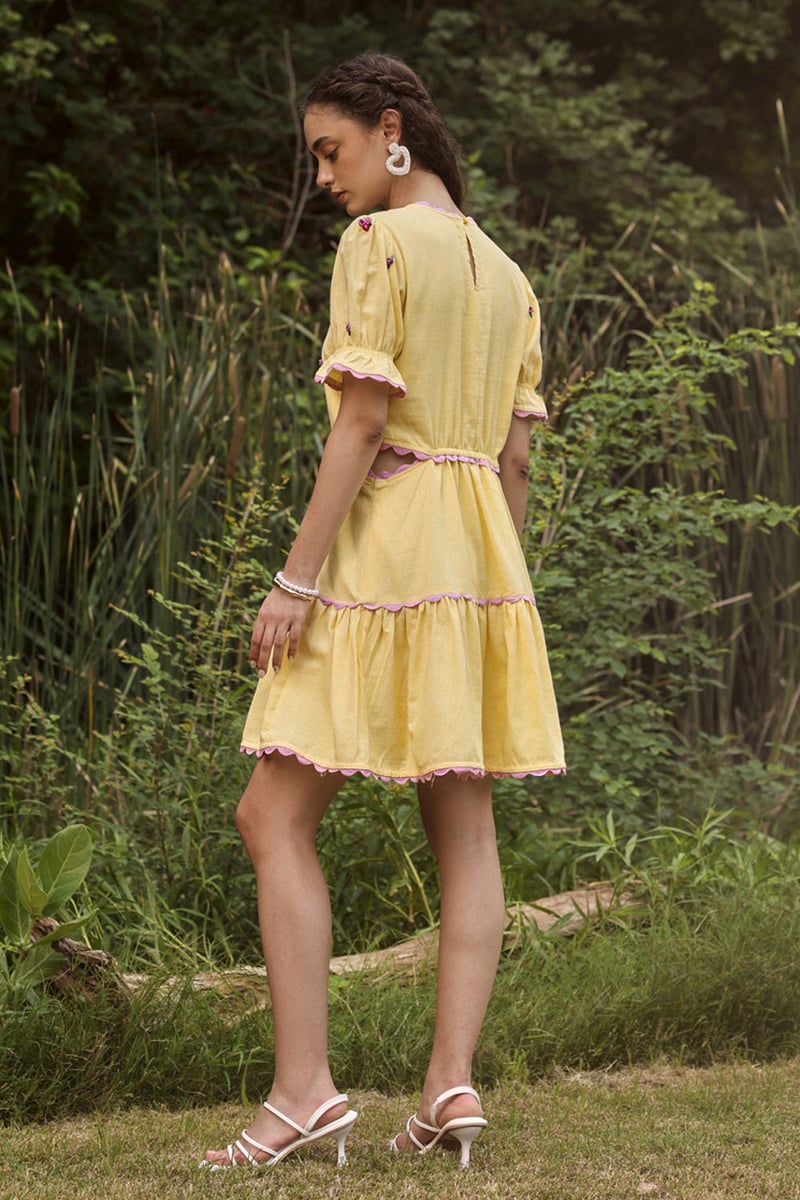 Buttercup Yellow Tiered Mini Dress with Floral Embroidery