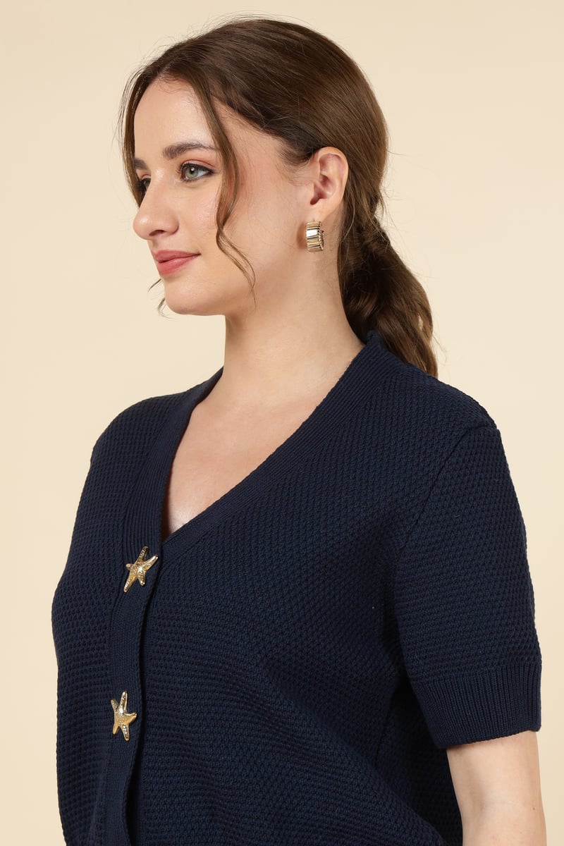 Navy V-Neck Starfish Button Knit Cardigan