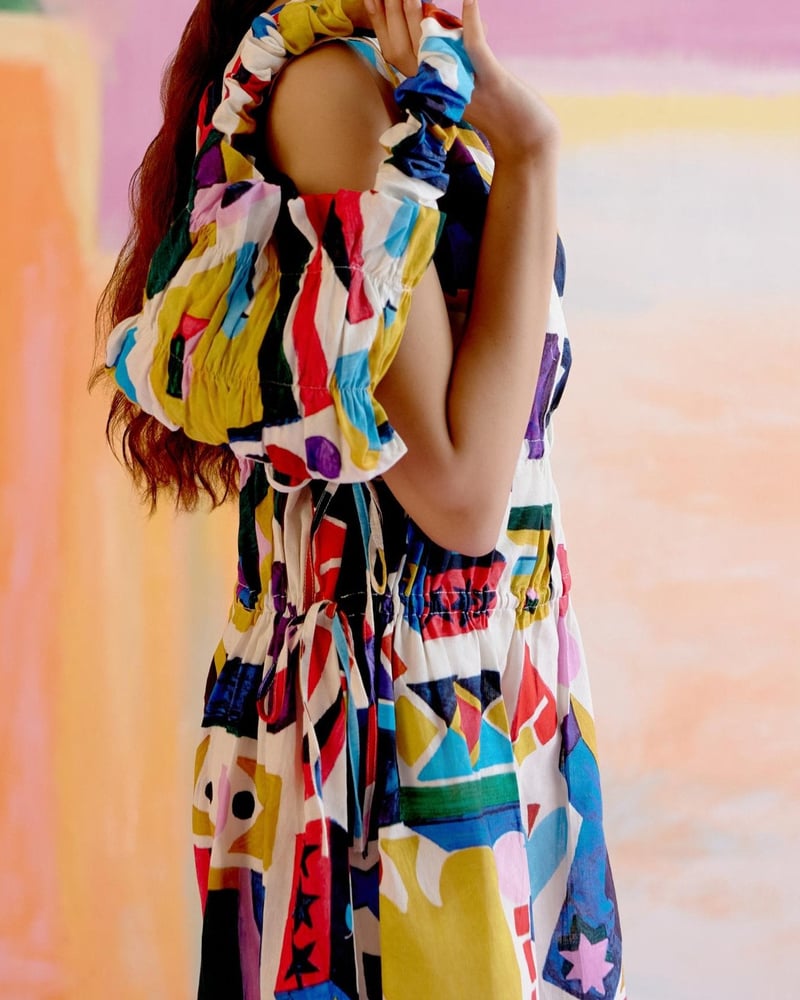 Multicolor Graphic Print Mini Dress with Side Drawstrings