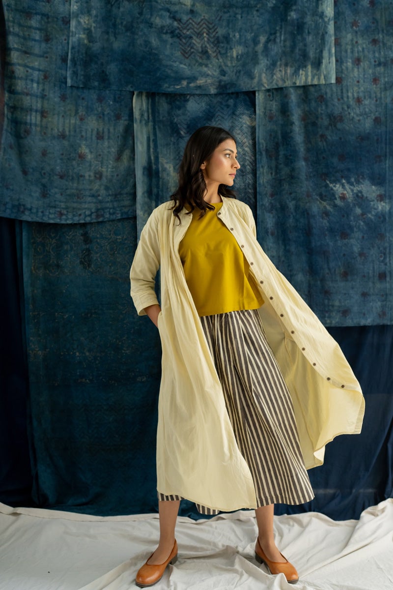 Natural White Cotton Pintuck A-Line Kurta with Pockets