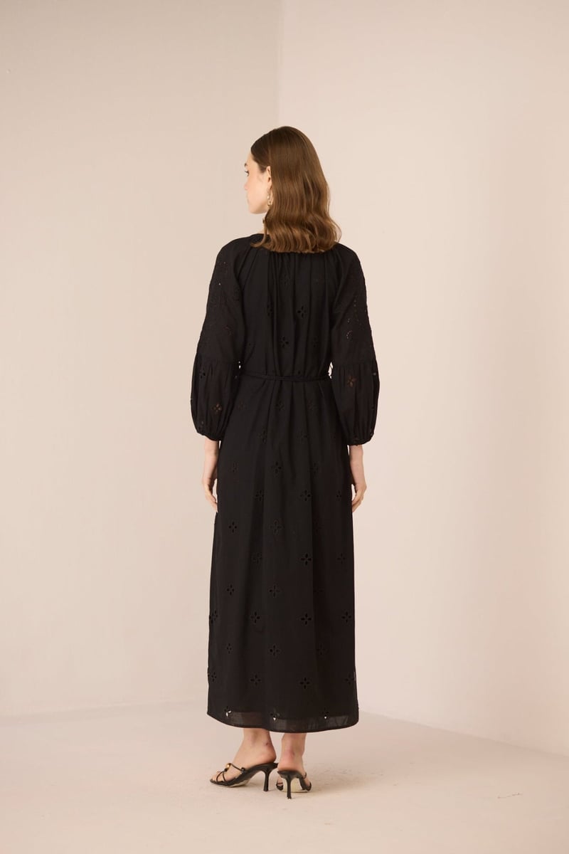 Black Cotton Broderie Maxi Dress with V-Neck and Waist Tie