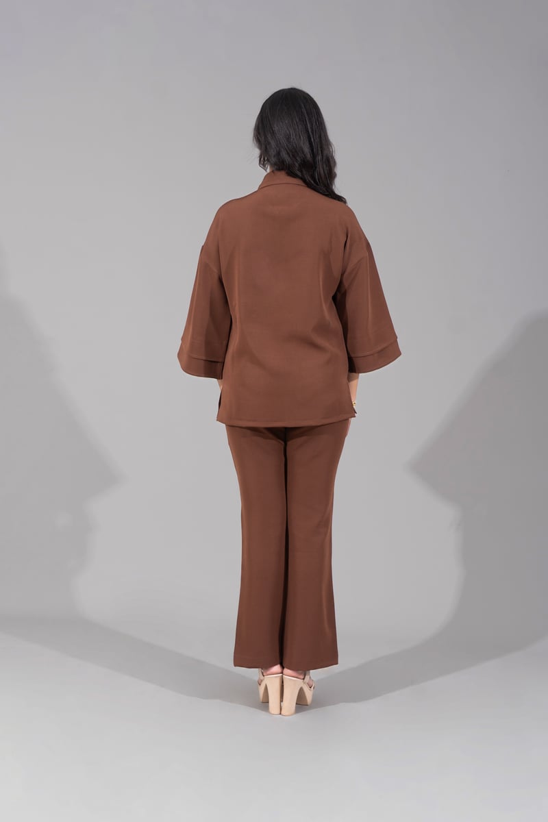Brown Banana Crepe Half-Zip Co-ord Set with Bell-Bottoms
