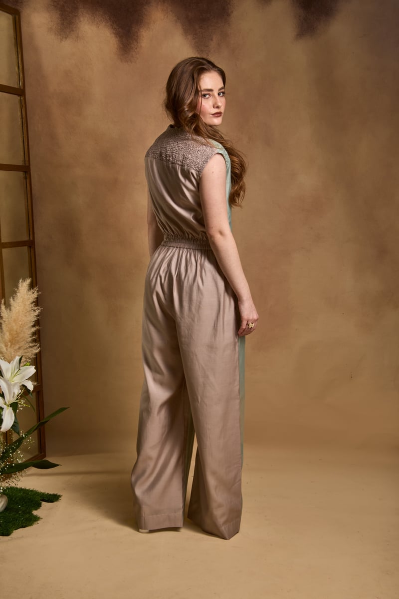 Seagreen Roman Silk Colorblocked Zip-Front Wide-Leg Jumpsuit