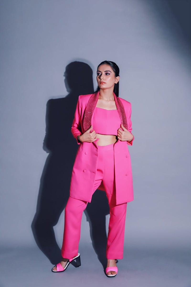 Fuschia Crystal Lapel Blazer and Pants Co-ord Set