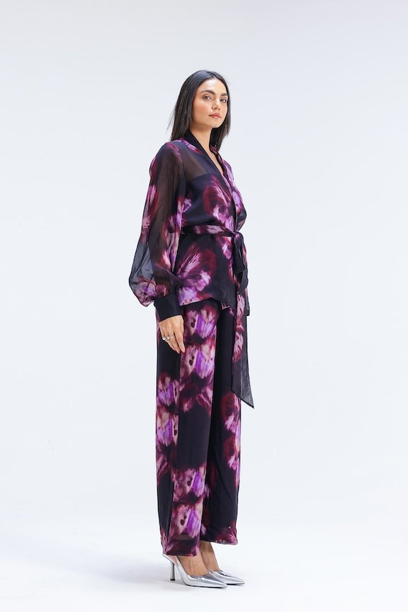 Plum Printed Organza Wrap Jacket and Straight Pants Co-ord Set