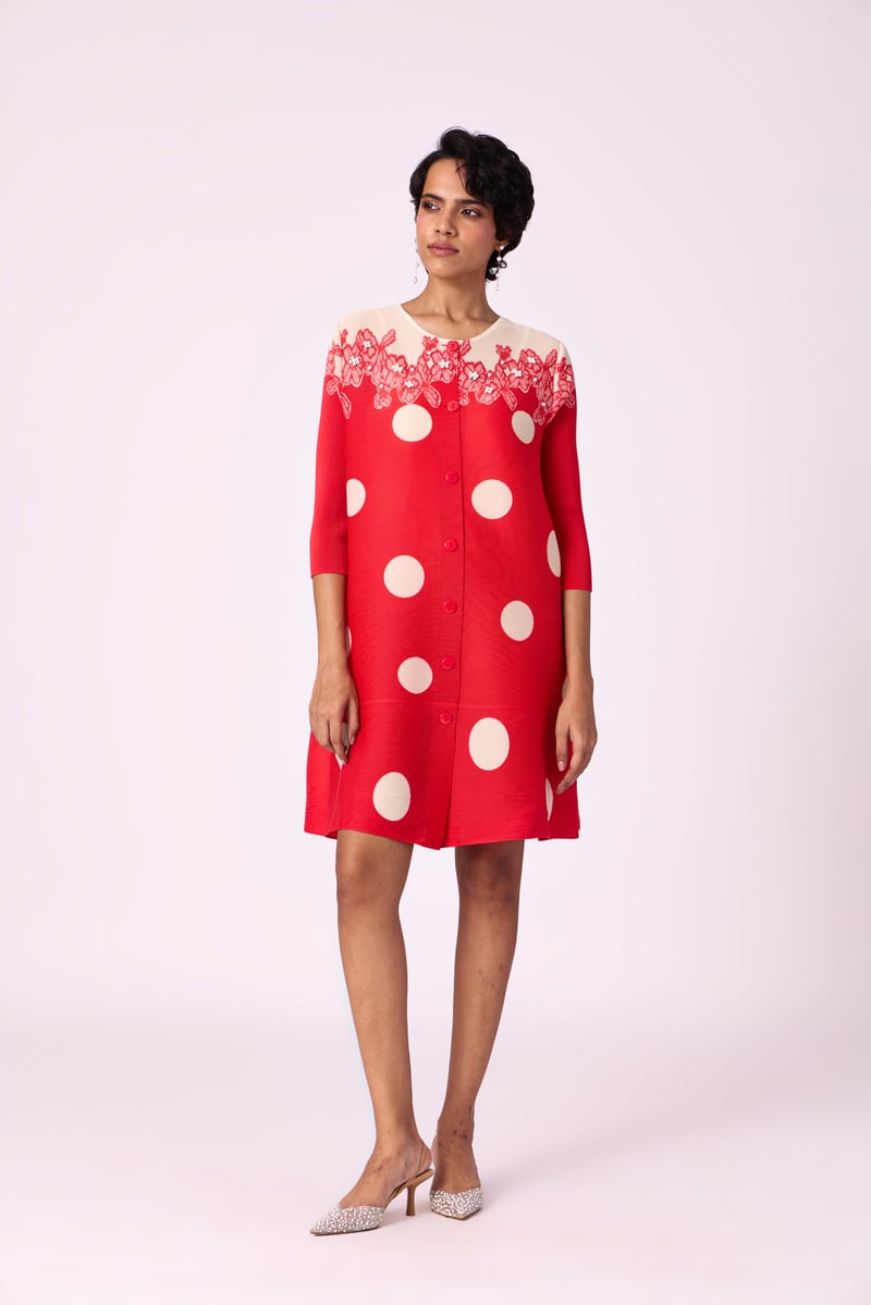 Red Polka Dot Button-Front Knee-Length A-Line Dress