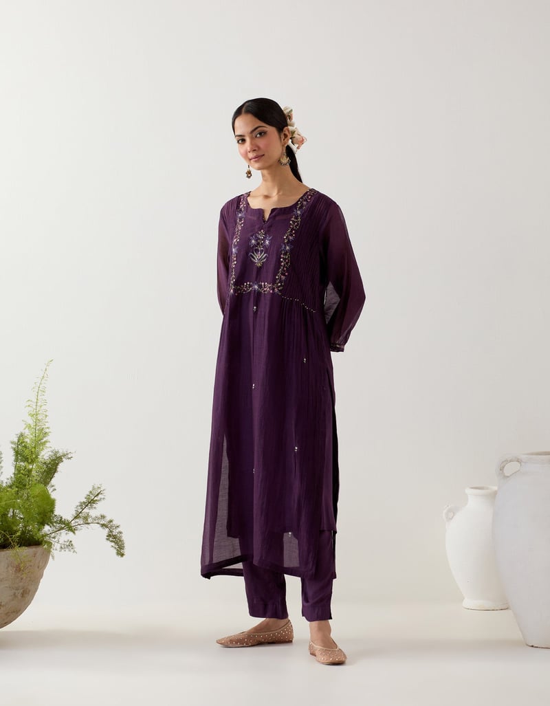 Deep Purple Chanderi Silk Embroidered Kurta Set with Slip