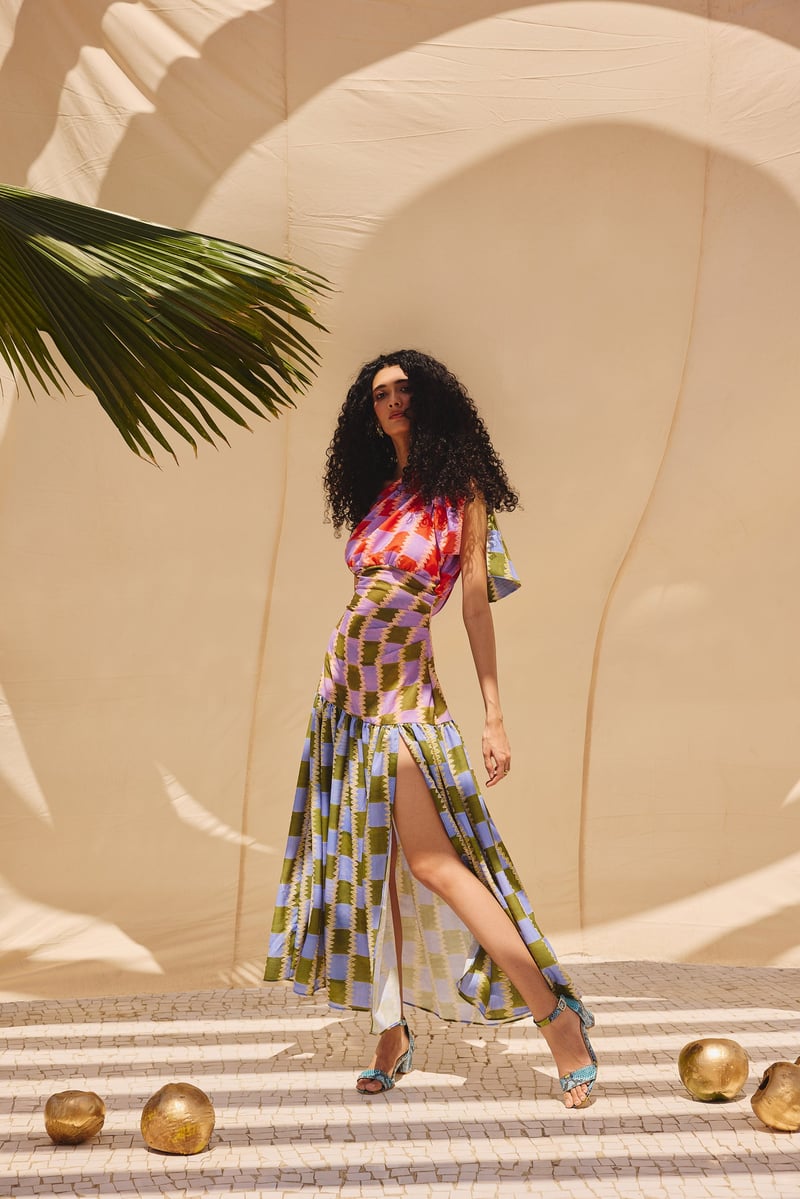 Multicolor One-Shoulder Printed Maxi Dress with Slit