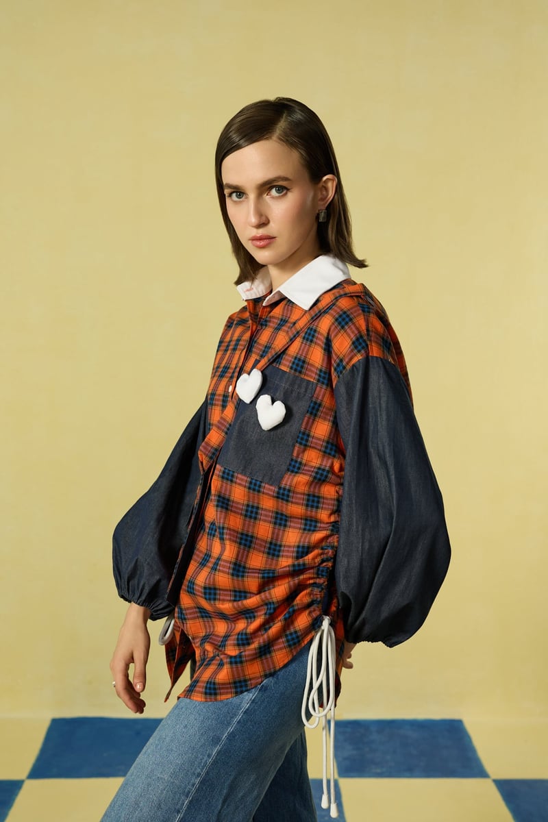 Red and Navy Checked Oversized Shirt with Side Drawstrings
