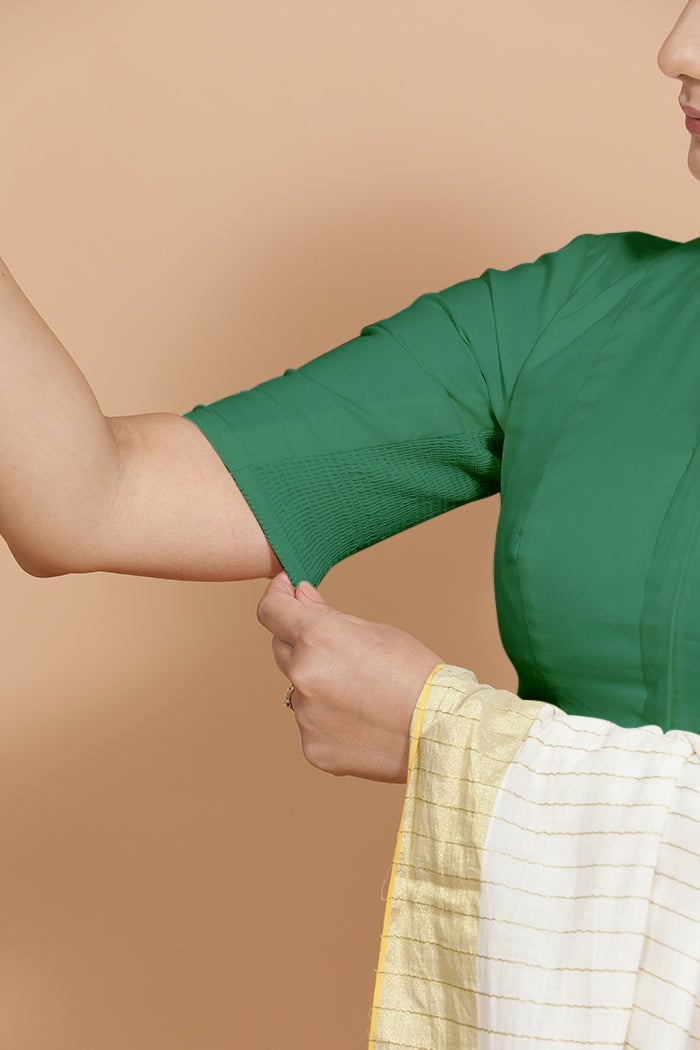 Castleton Green Cotton Saree Blouse with Elbow Sleeves