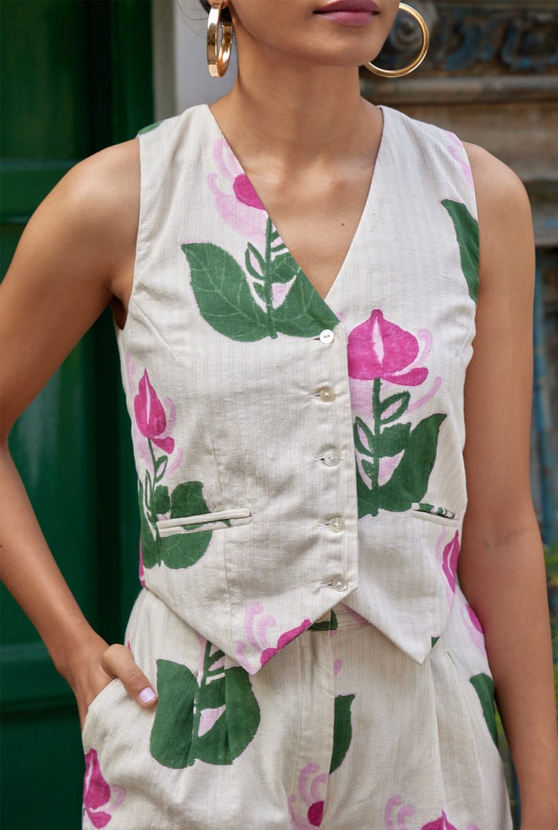 White/Pink Floral Handloom Cotton Waistcoat