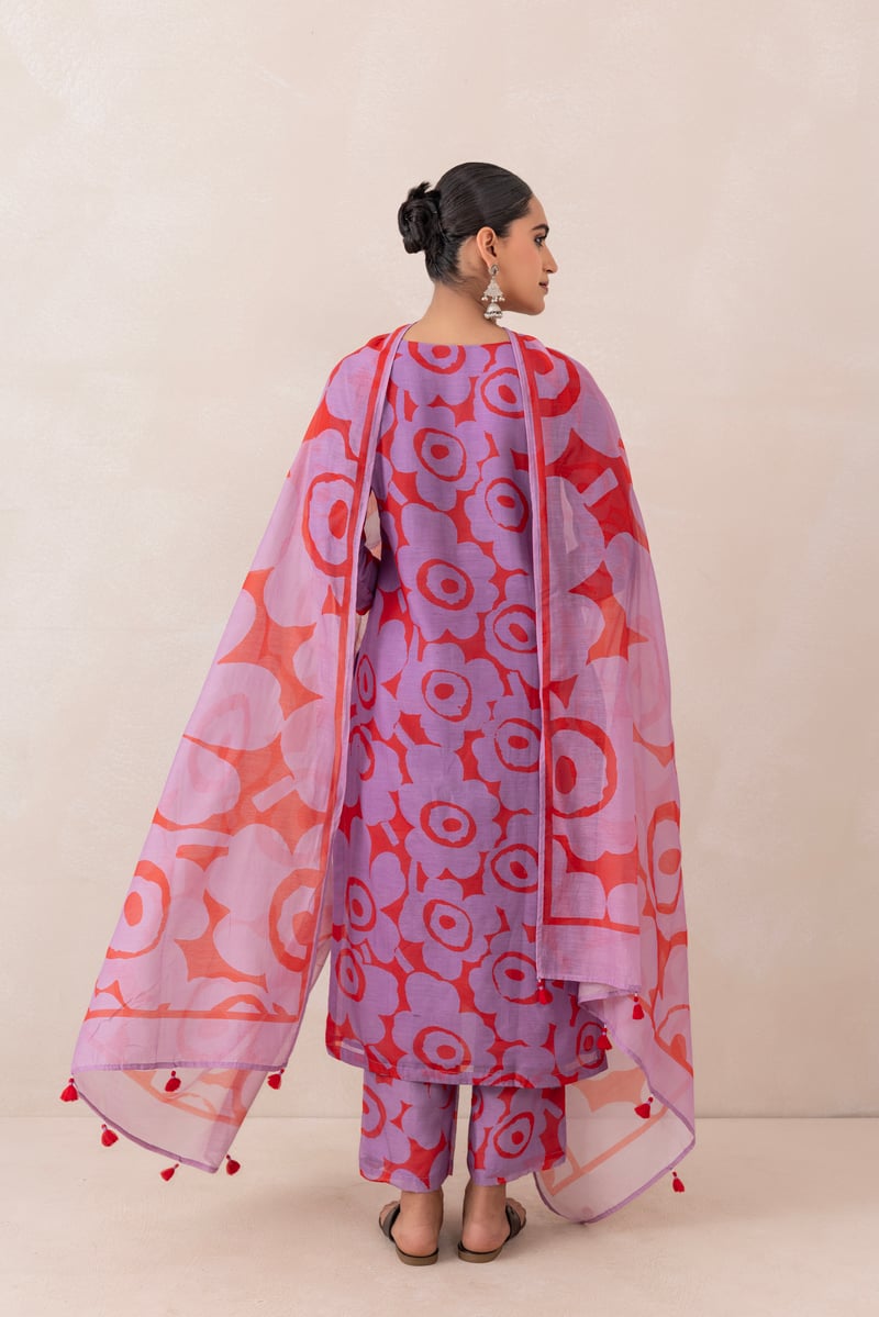 Red and Purple Printed Chanderi Kurta Set with Dupatta