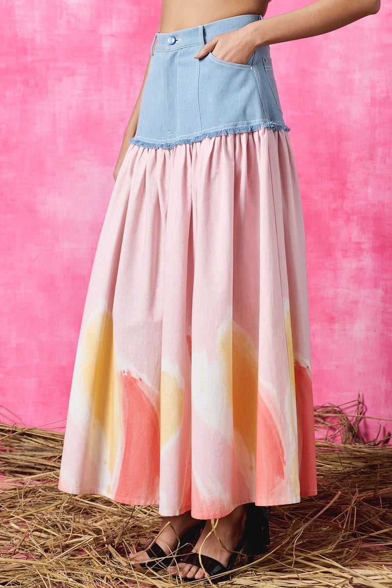 Pink Printed High-Waist Linen Midi Skirt