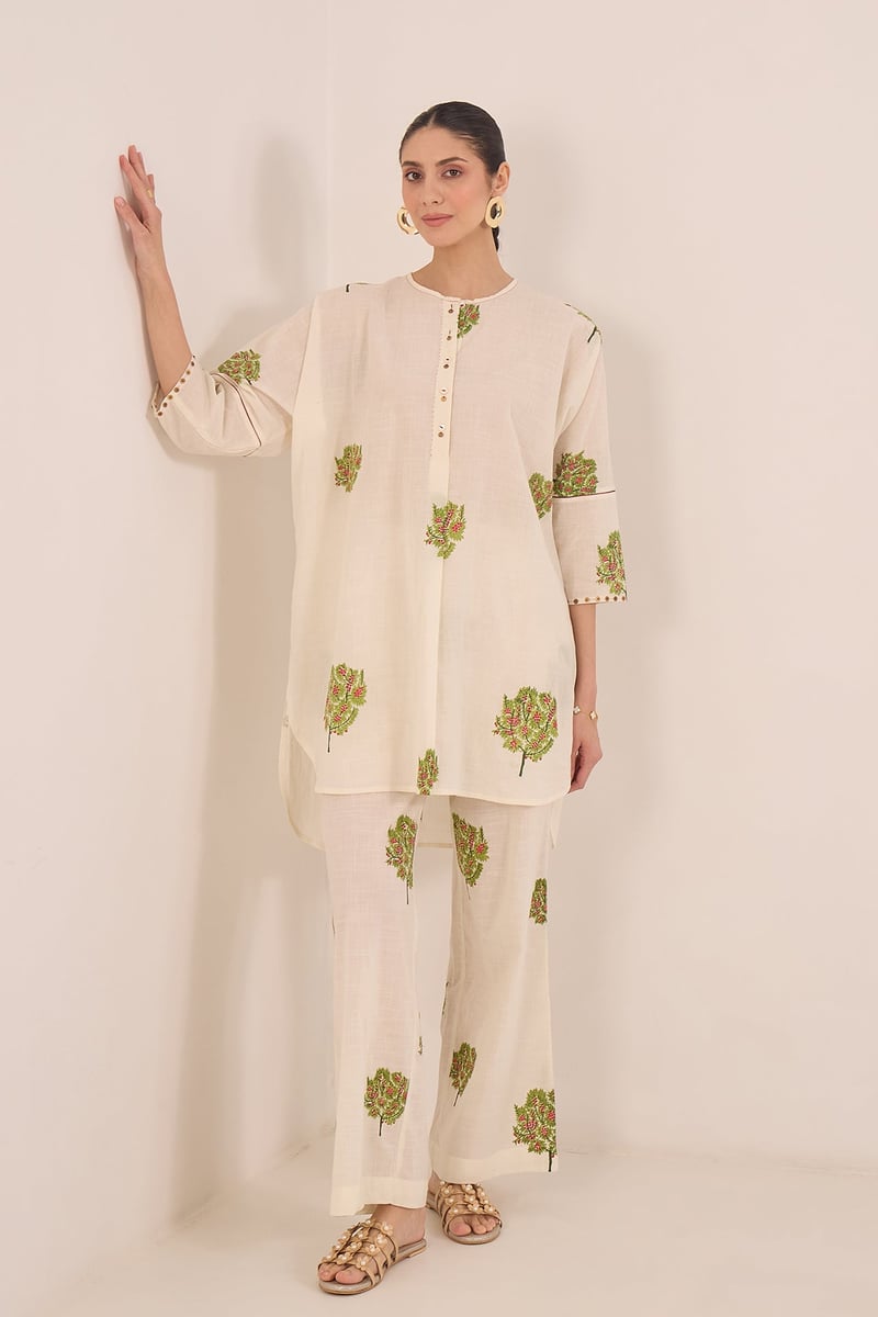 Ivory Cotton Printed Tunic and Wide-Leg Pants Co-ord Set