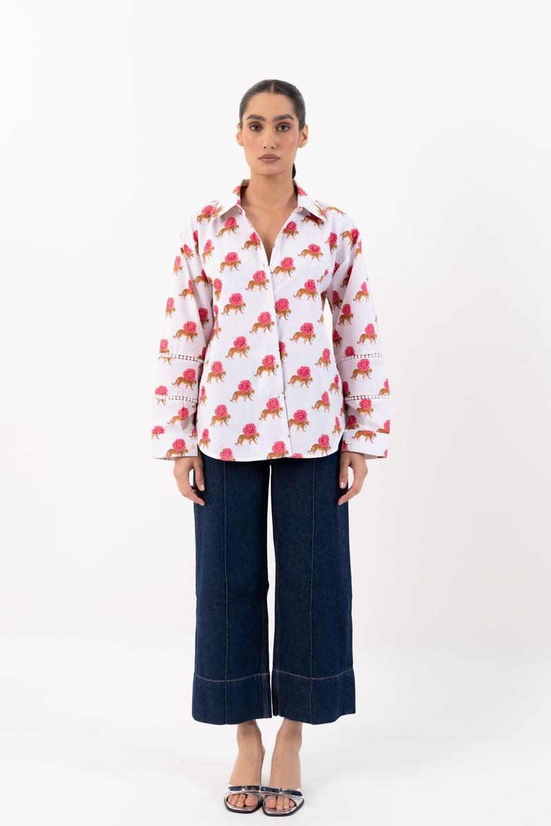 White Oversized Printed Cotton Shirt with Beadwork — House of Mae