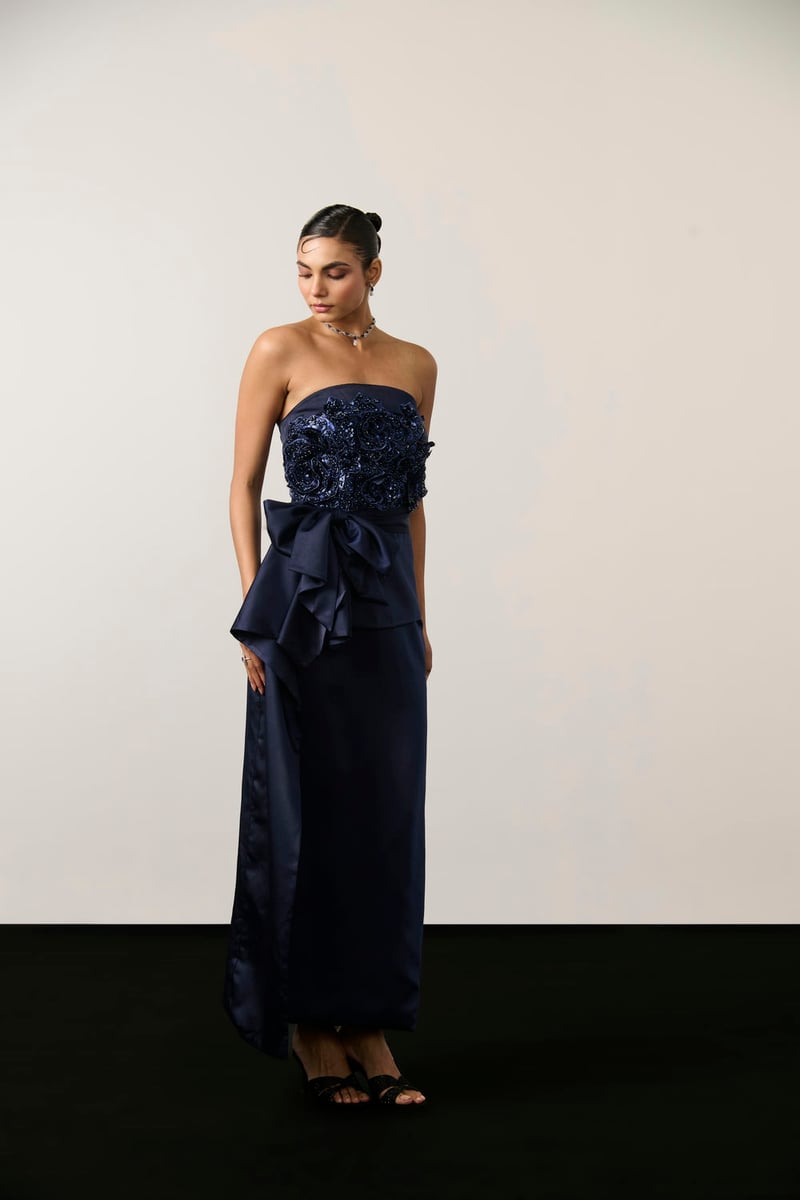 Navy Blue Satin Strapless Embellished Maxi Drape Dress