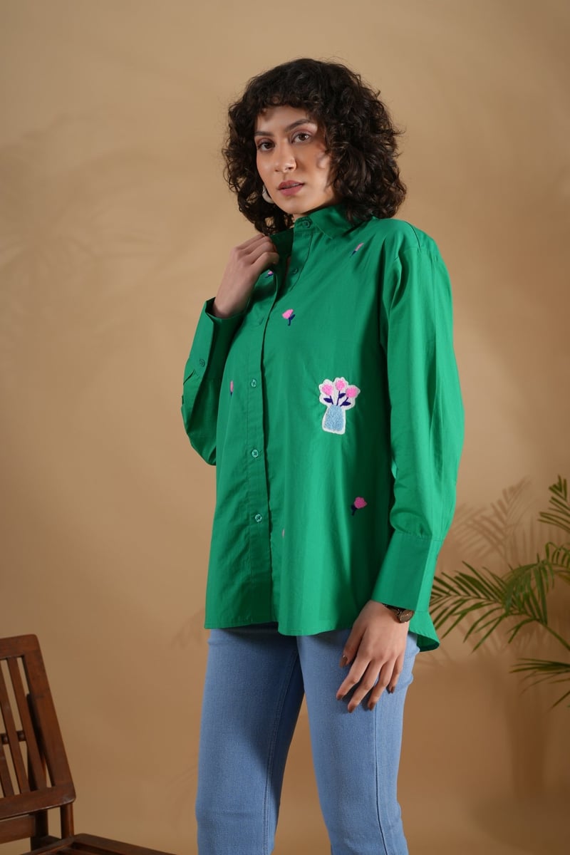 Green Cotton Comfort Fit Embroidered Shirt
