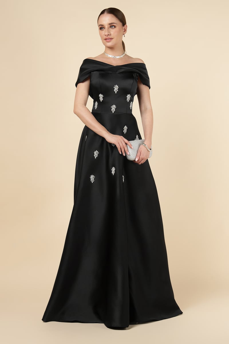 Black Off-Shoulder Embellished Maxi Gown