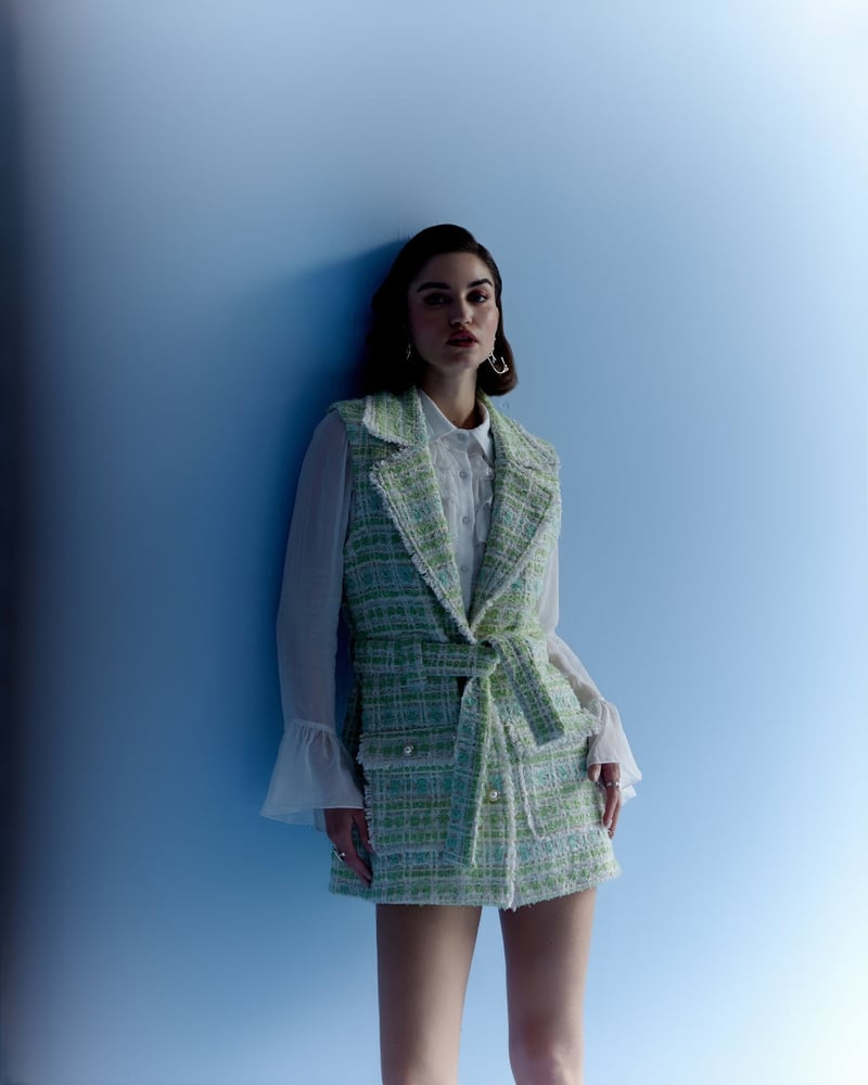 Pastel Green Checked Tweed Belted Sleeveless Jacket