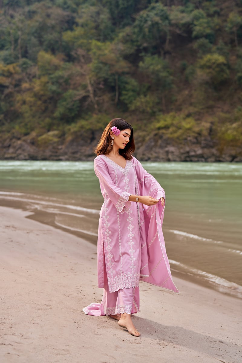 Lavender Cotton Embroidered Straight Kurta Set with Dupatta