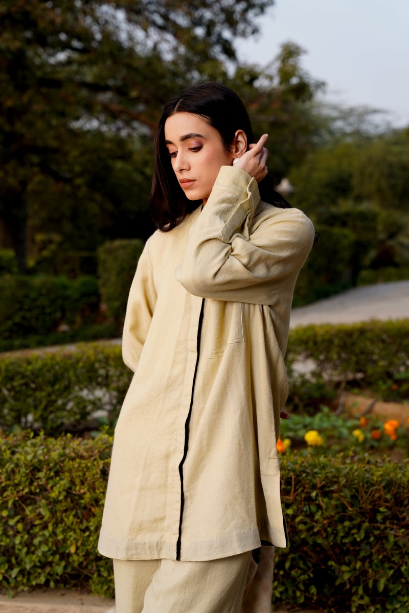 Beige Merino Wool Kurta and Trouser Co-ord Set