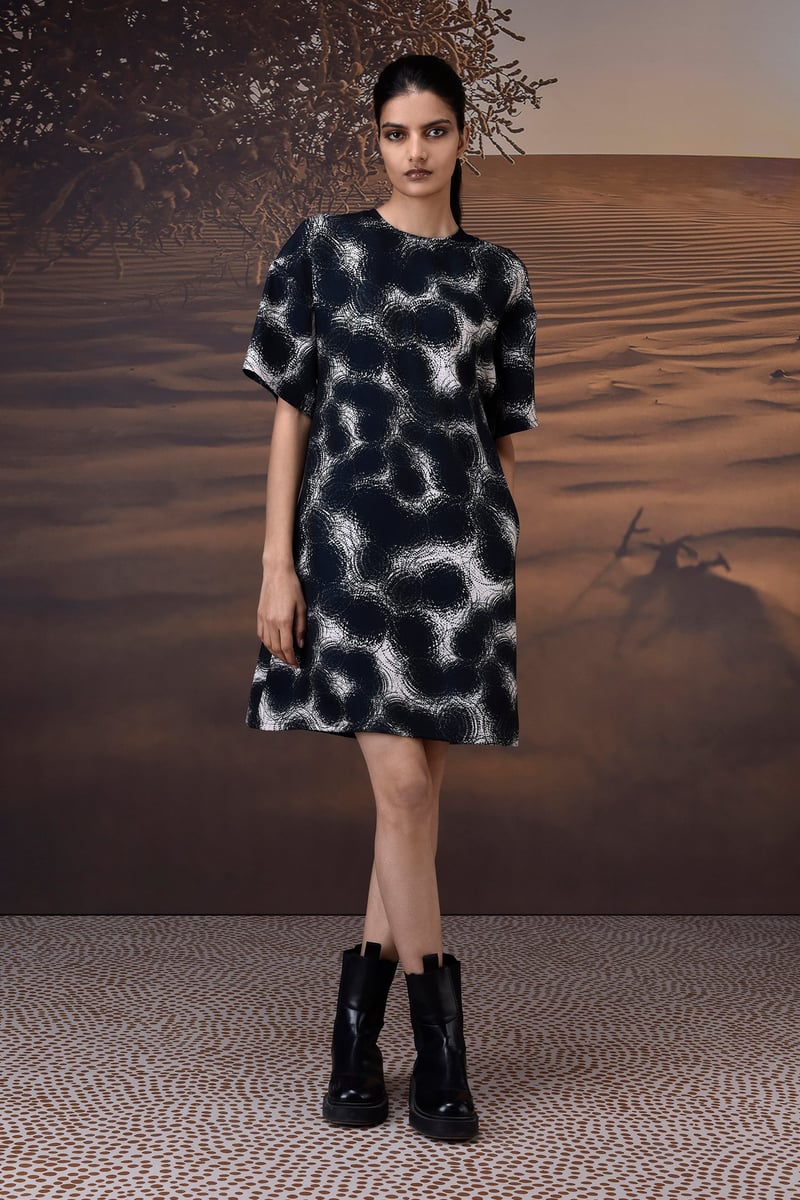 Midnight Ripple Twill Crepe Mini Shift Dress