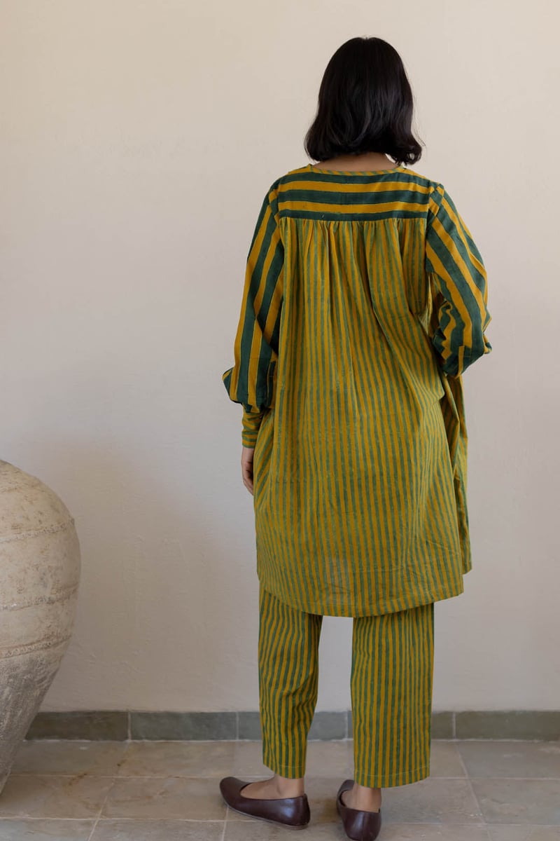 Moss Leaf Striped Cotton Tunic and Pant Co-ord Set