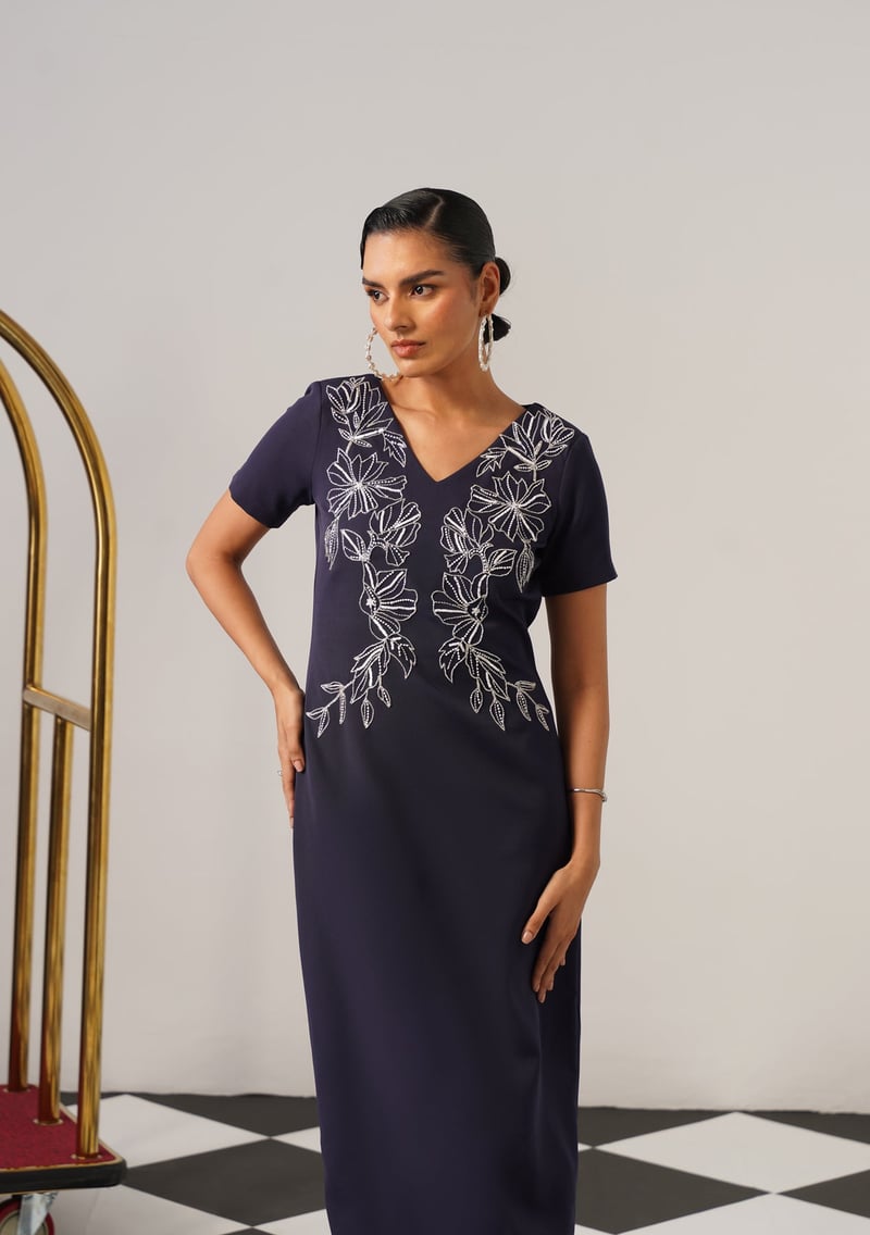 Navy V-Neck Embroidered Maxi Dress
