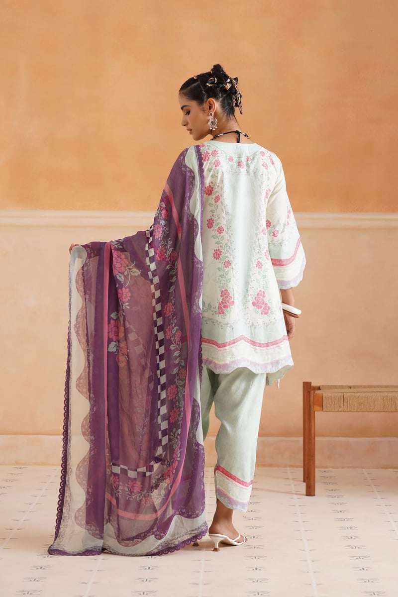 Mint Floral Printed Lawn Cotton 3-Piece Kurta Set