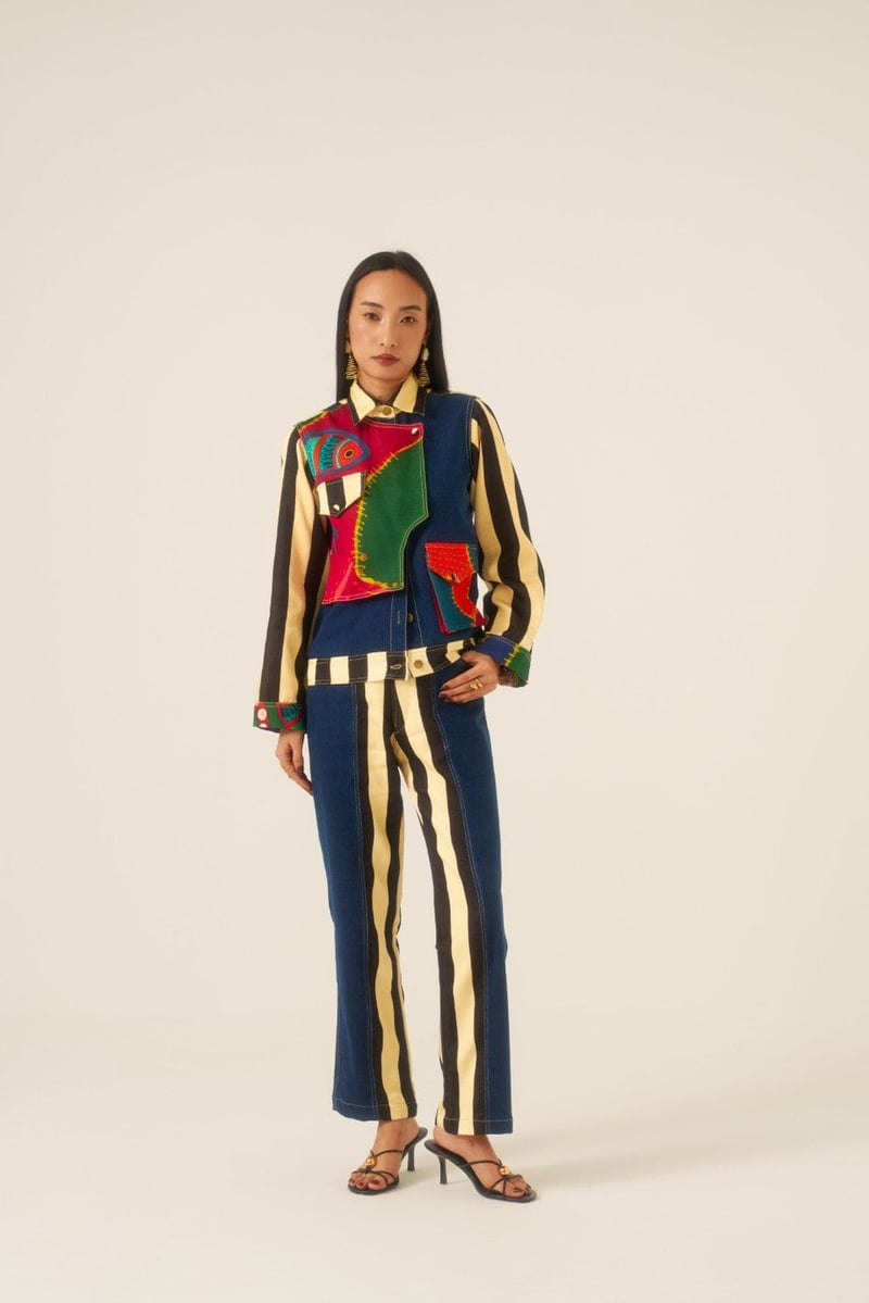 Multicolor Patchwork Denim Jacket with Striped Sleeves