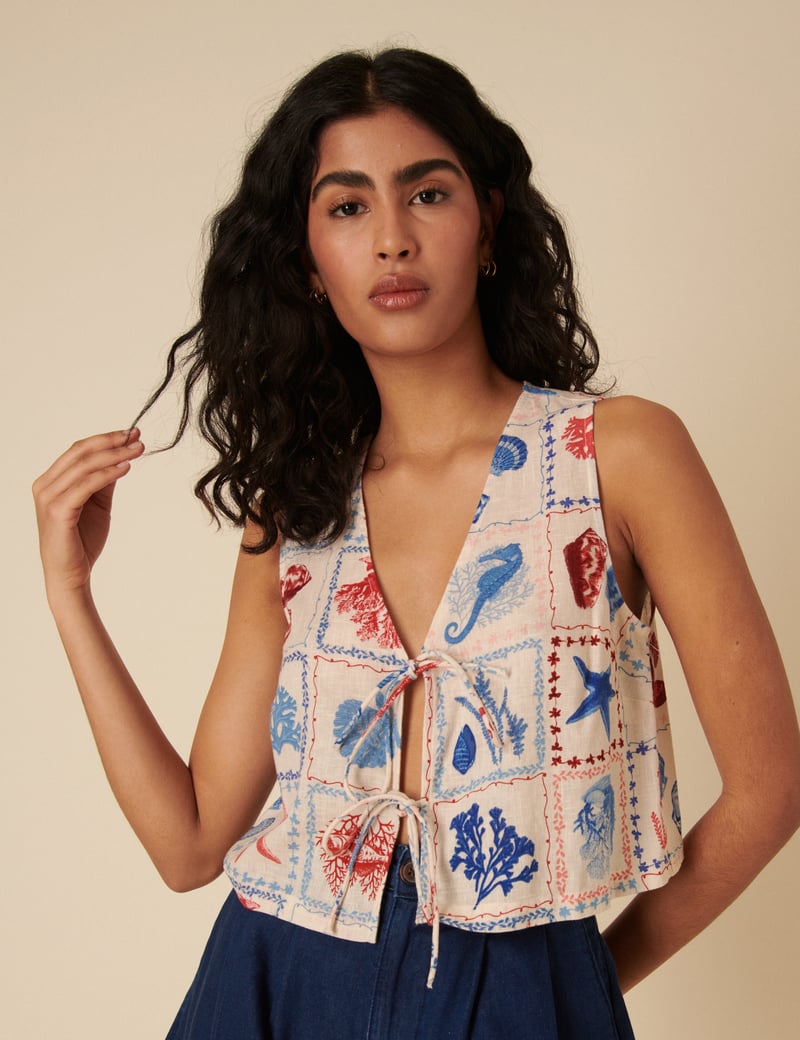Multicolor Nautical Print Tie-Up Sleeveless Vest Top