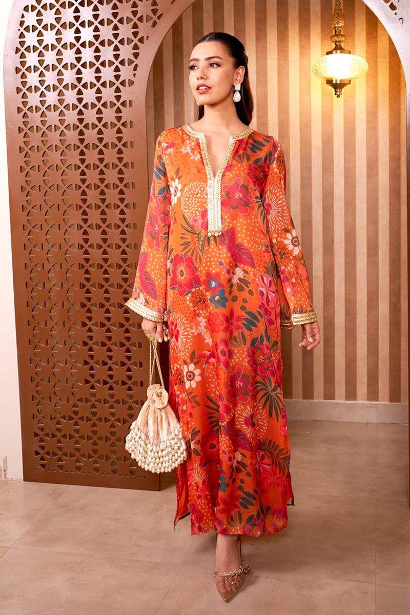 Orange Floral Printed Georgette Satin Long Kaftan — Sttavoss