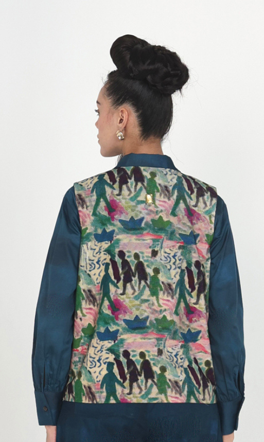 Multicolor Printed Sleeveless Corduroy Vest Overlay