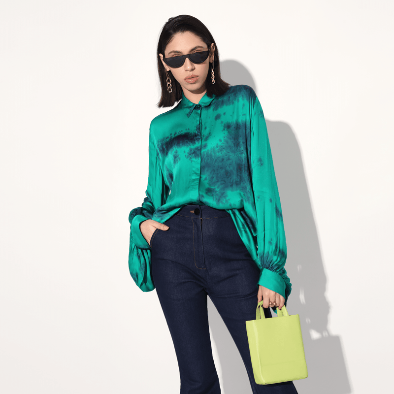 Green Tie-Dye Satin Balloon Sleeve Longline Shirt