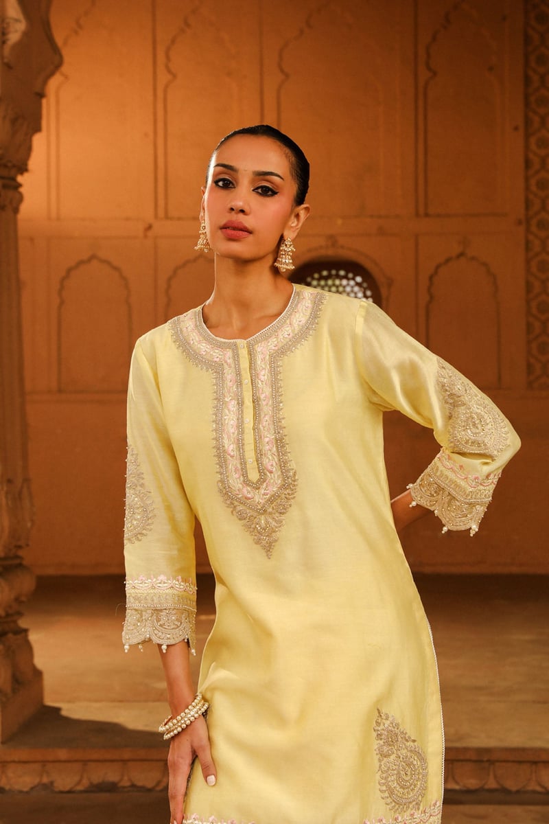 Lemon Yellow Embroidered Straight Kurta Set with Dhoti